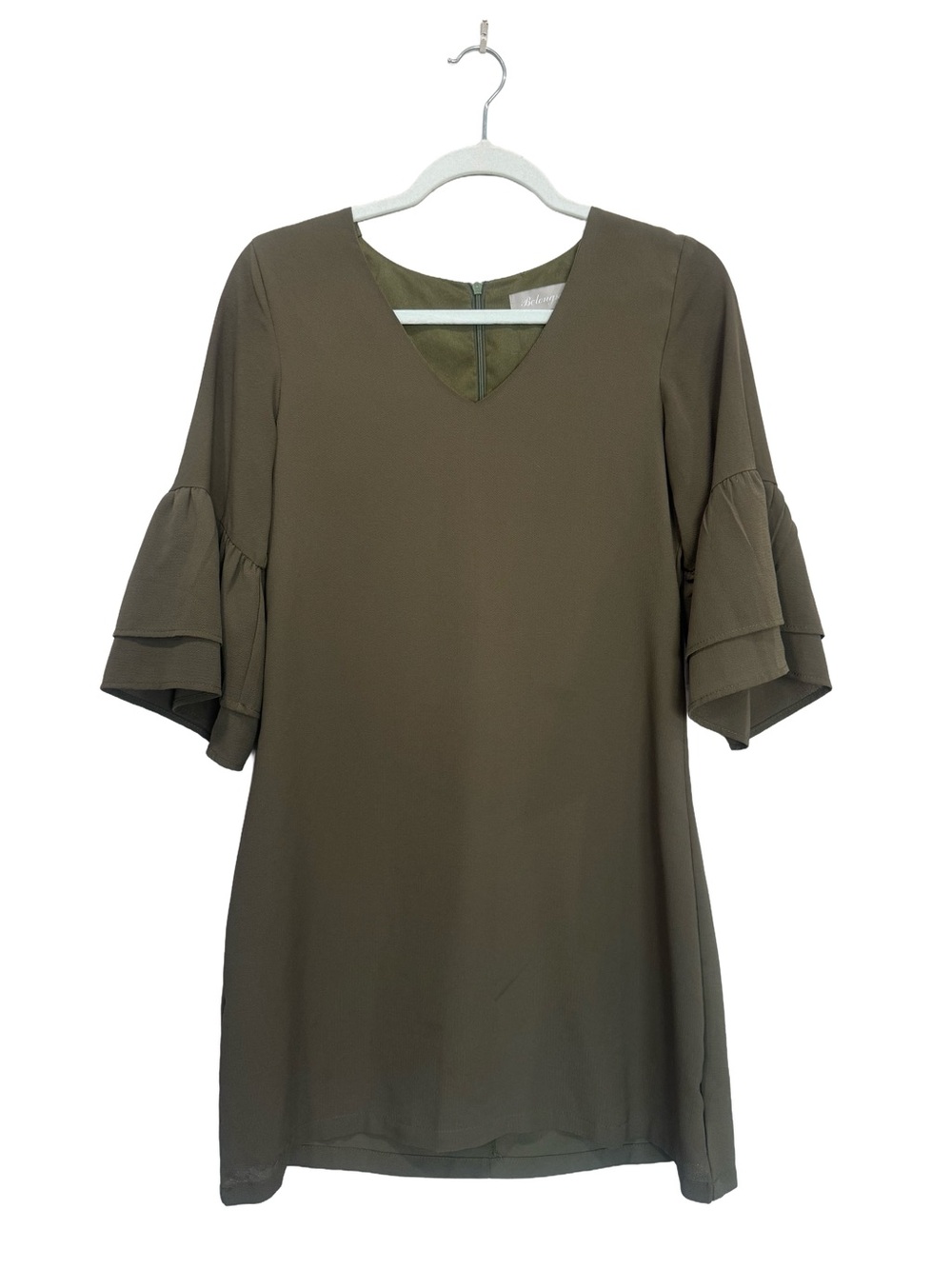 Belongsci Olive Green V-Neck Ruffle Sleeve Loosefitting Dress Women’s XS
